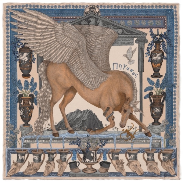 (product) The Temple of Pegasus Alabaster/ Milk Pocket Square, Laid flat showing full pattern - custom suits nyc bespoke tailor midtown, noho