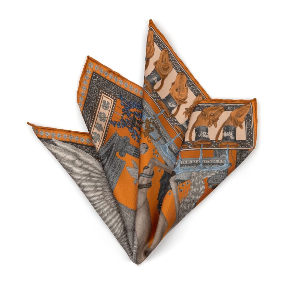 (product) The Temple of Pegasus Citrus/Chalk Pocket Square, Folded - custom suits nyc bespoke tailor midtown, noho