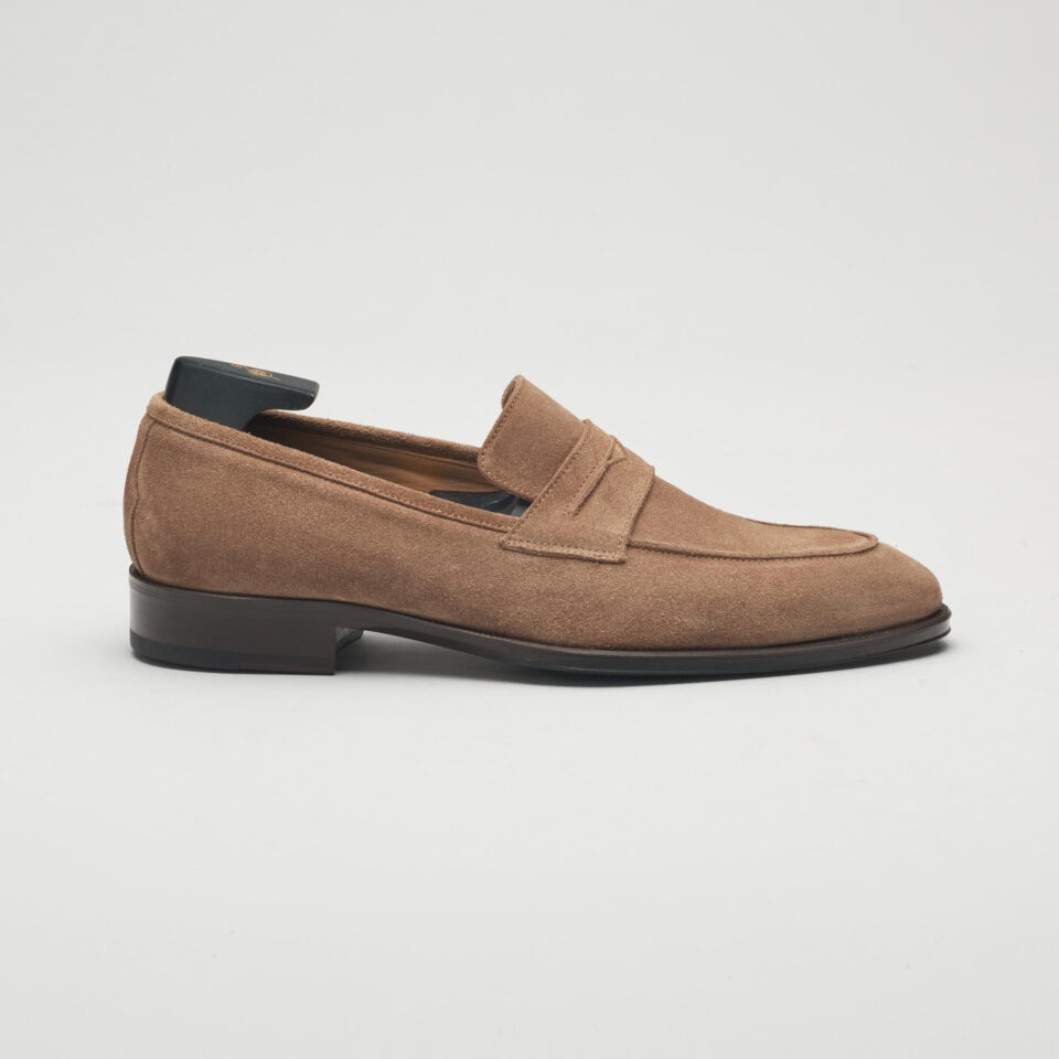 (product) Titus Suede Loafer Farro, Single shoe side view - custom suits nyc bespoke tailor midtown, noho