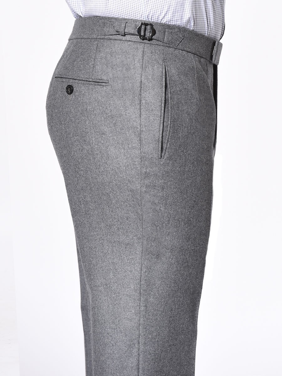 (product) Steel Grey Flannel Classic Bespoke Trouser, side view - custom suits nyc bespoke tailor midtown, noho