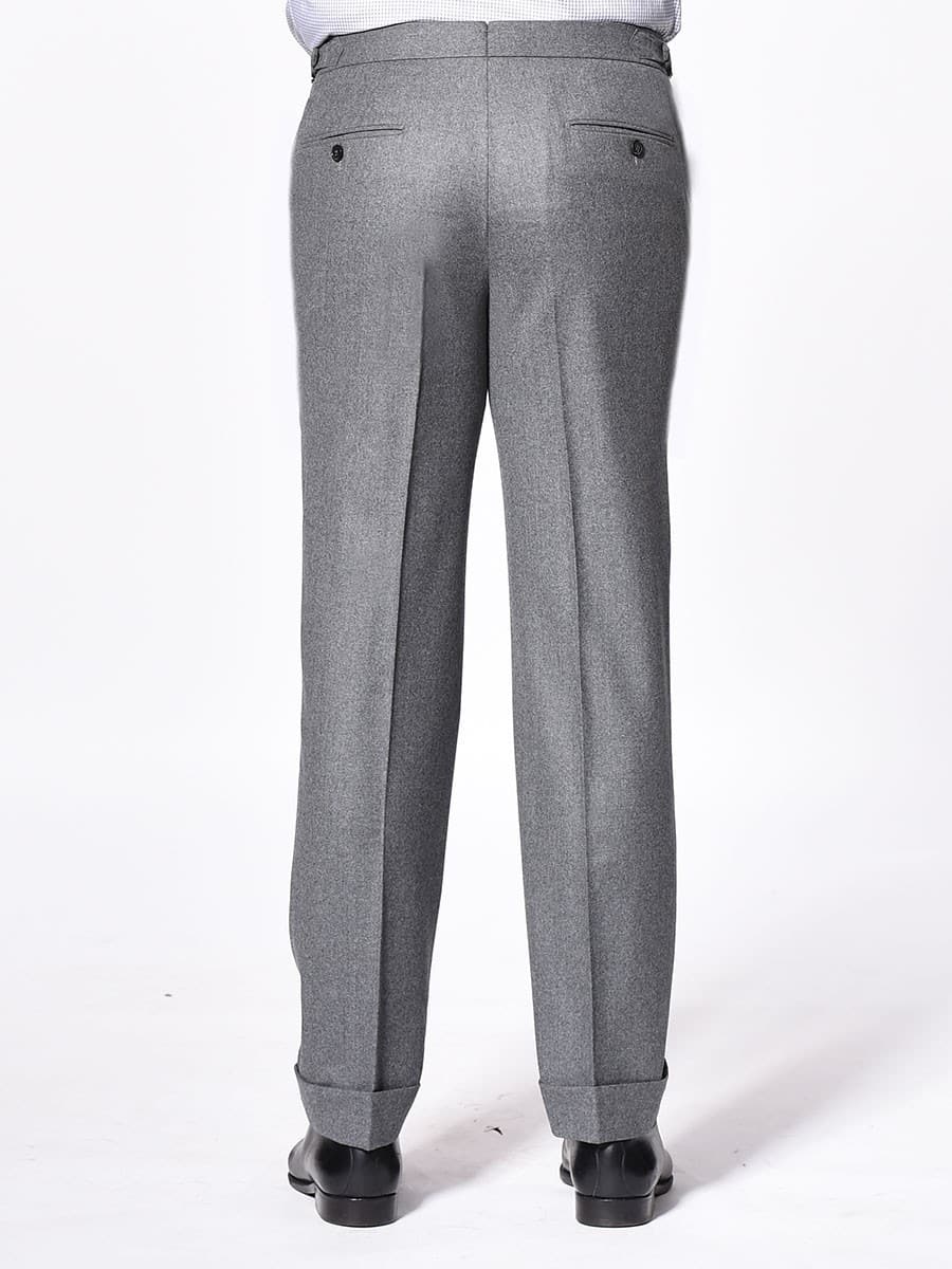 (product) Steel Grey Flannel Classic Bespoke Trouser, back view - custom suits nyc bespoke tailor midtown, noho