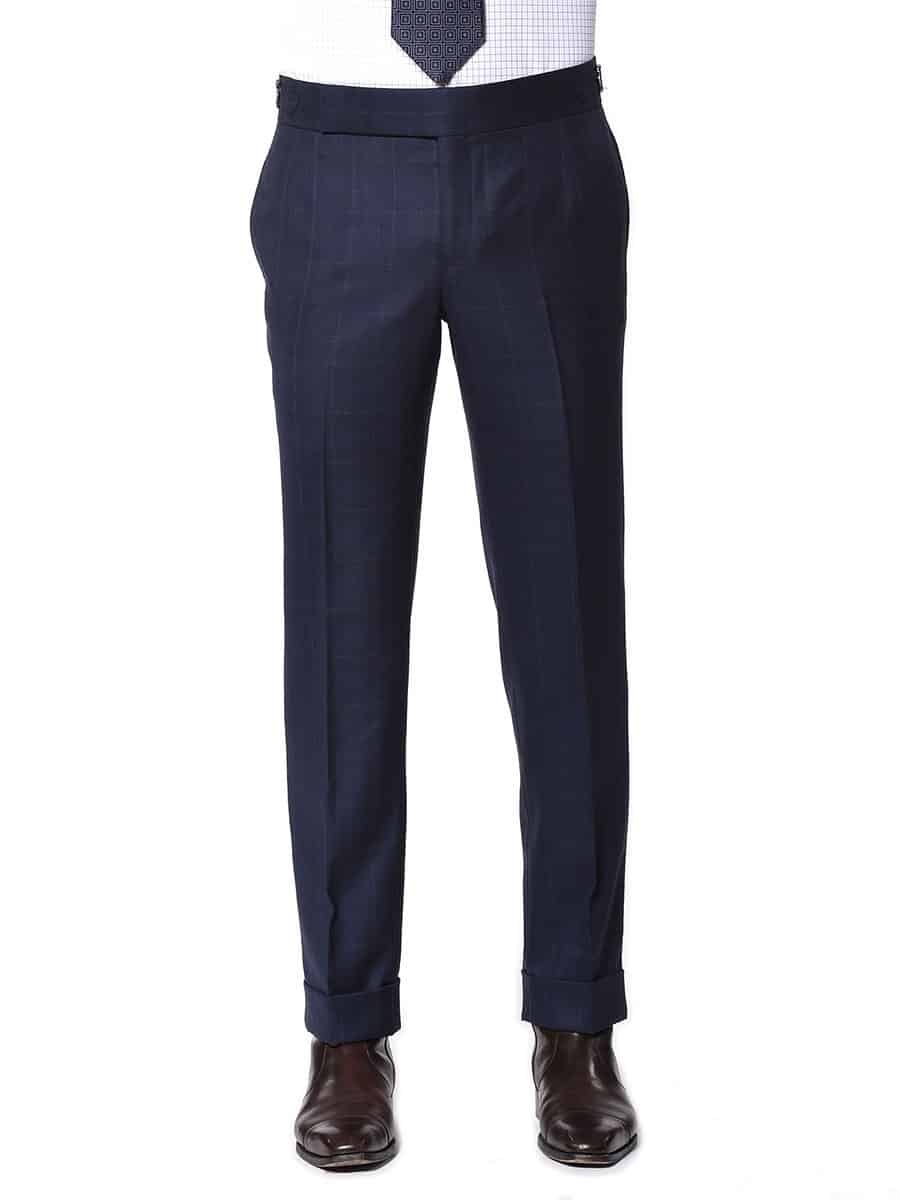 (product) Dark Blue Complex Windowpane Trousers, front view - custom suits nyc bespoke tailor midtown, noho