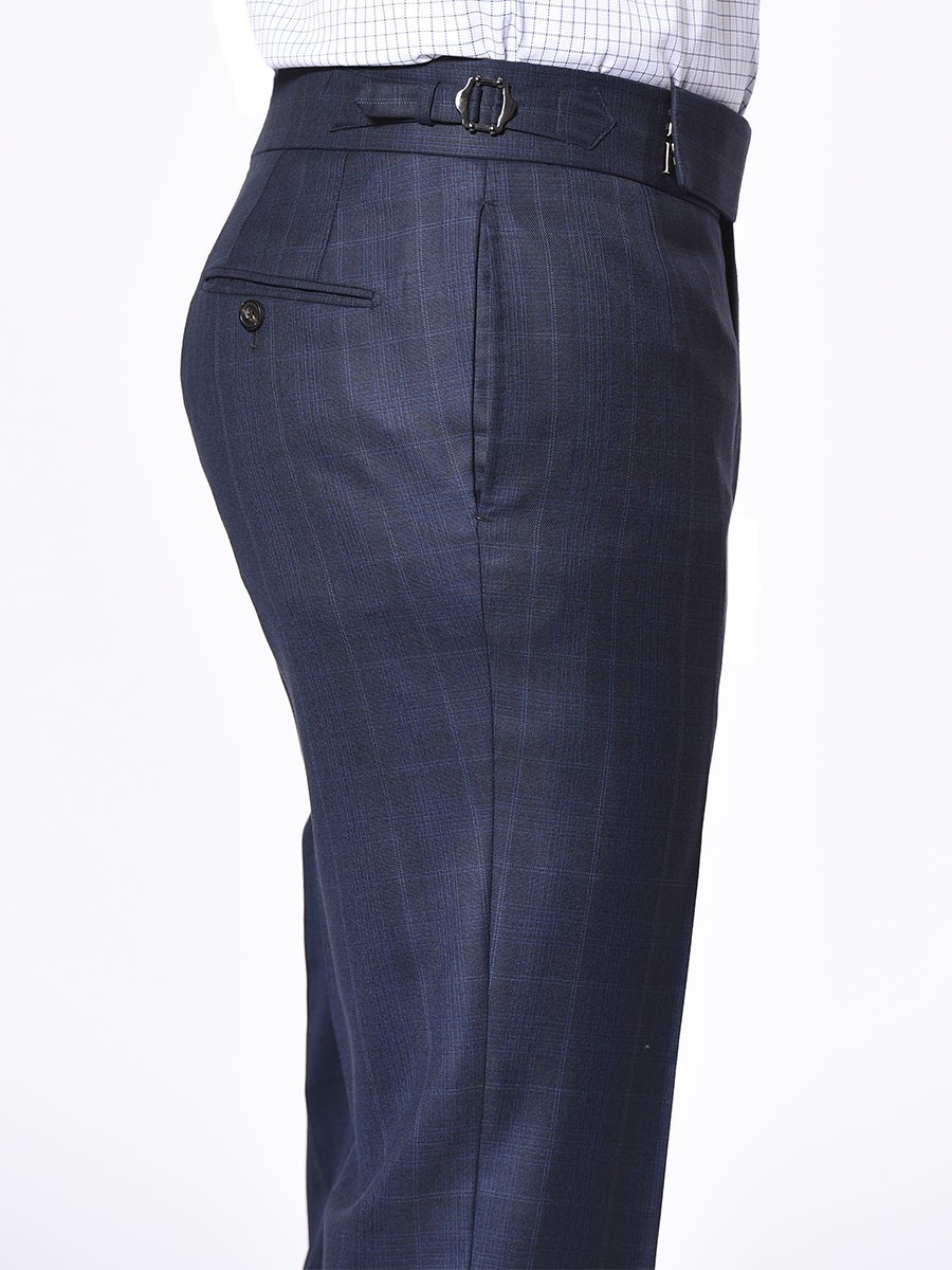 (product) Dark Blue Complex Windowpane Trousers, side view - custom suits nyc bespoke tailor midtown, noho