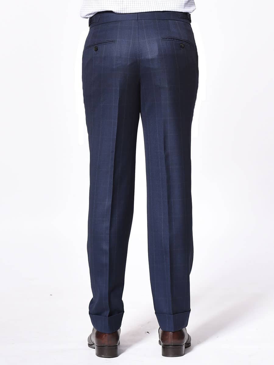 (product) Dark Blue Complex Windowpane Trousers, back view - custom suits nyc bespoke tailor midtown, noho