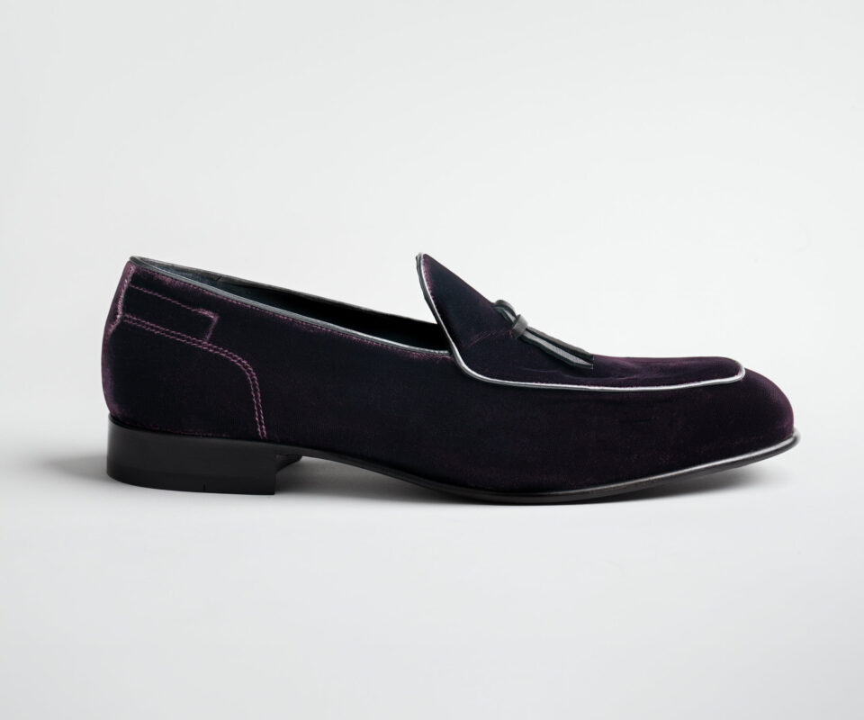 (product) Vomero Velvet Prugna Formal Loafer, Single shoe side view - custom suits nyc bespoke tailor midtown, noho