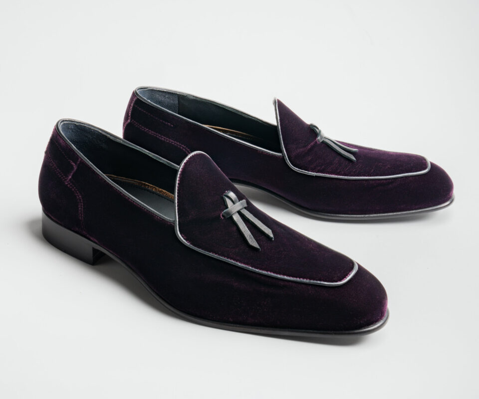 (product) Vomero Velvet Prugna Formal Loafer, Front view of the pair - custom suits nyc bespoke tailor midtown, noho