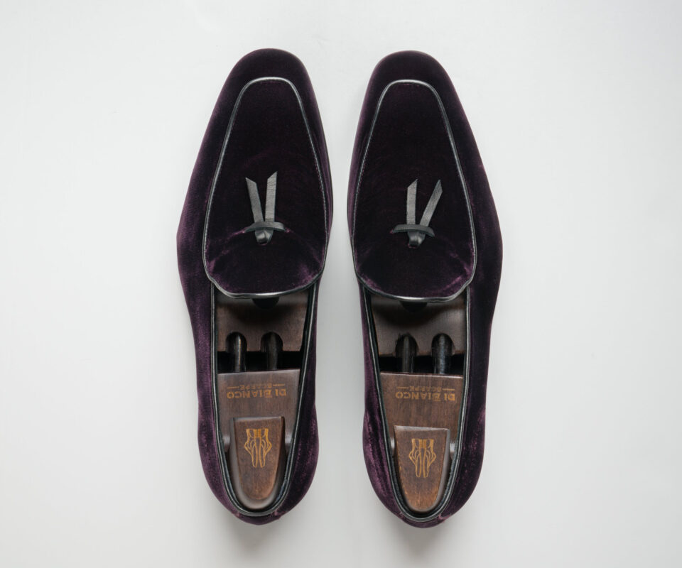 (product) Vomero Velvet Prugna Formal Loafer, Top view of the pair - custom suits nyc bespoke tailor midtown, noho