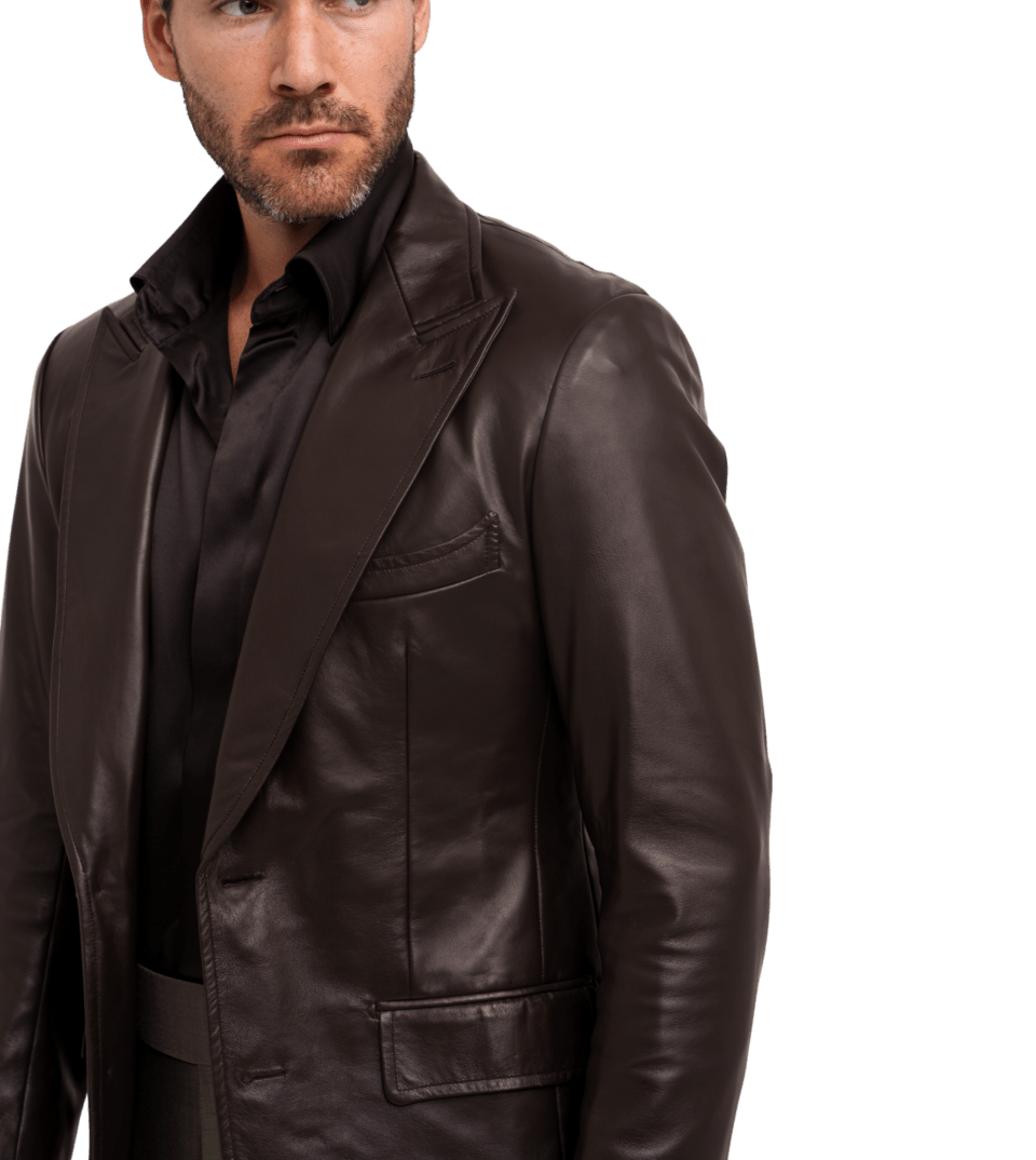 Michael-Andrews-Dark-Brown-Leather-Sport-Coat-Lapel-Detail - custom suits nyc bespoke tailor midtown, noho