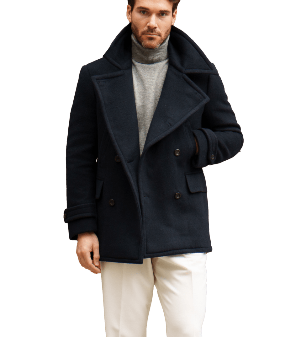 (product) Navy Solid Wool/Cashmere Pea Coat - custom suits nyc bespoke tailor midtown, noho
