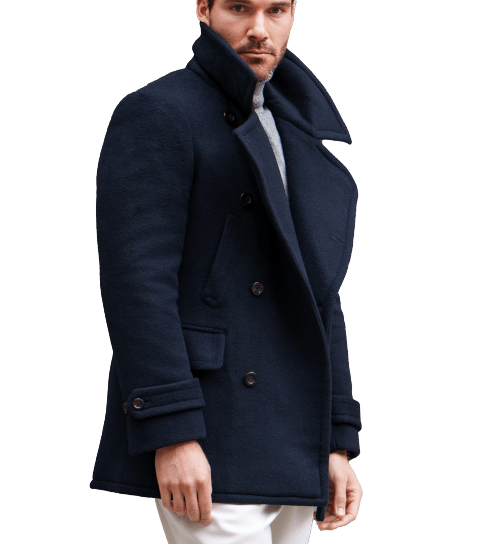 (product) Navy Solid Wool/Cashmere Pea Coat - custom suits nyc bespoke tailor midtown, noho