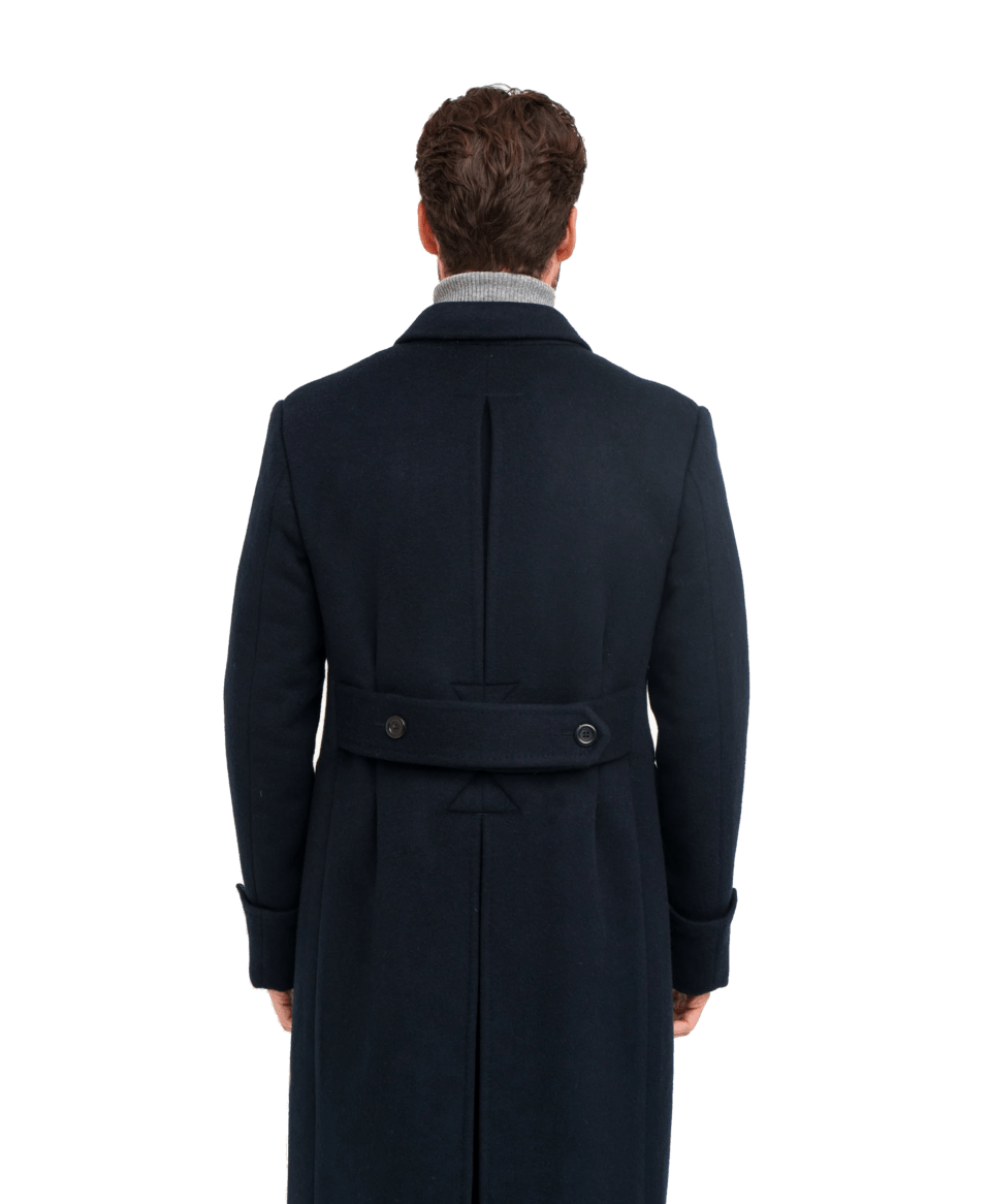 Solid Navy Blue Wool Cashmere DB Topcoat - Back - custom suits nyc bespoke tailor midtown, noho