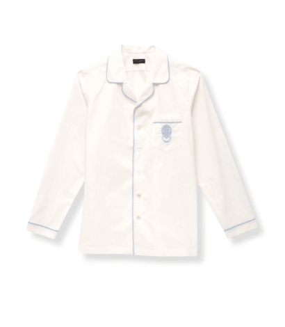 Michael Andrews custom white poplin pajama shirt with light blue piping - custom suits nyc bespoke tailor midtown, noho