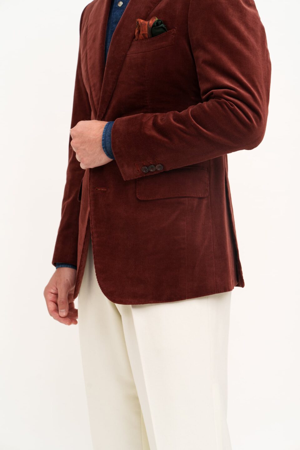 Rust Brown Cotton/Wool Stretch Corduroy Sport Coat Close Up View - custom suits nyc bespoke tailor midtown, noho