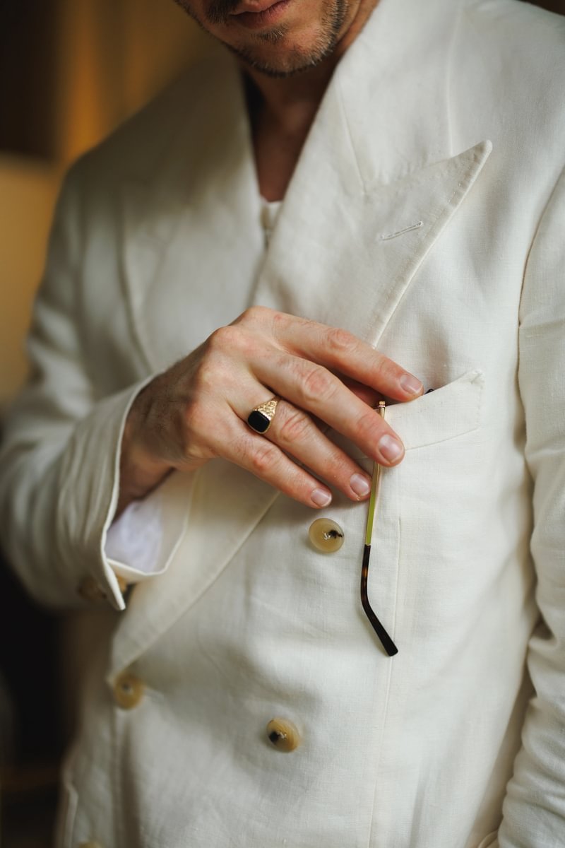 Detailed view of Cory's cream suit - custom suits nyc bespoke tailor midtown, noho