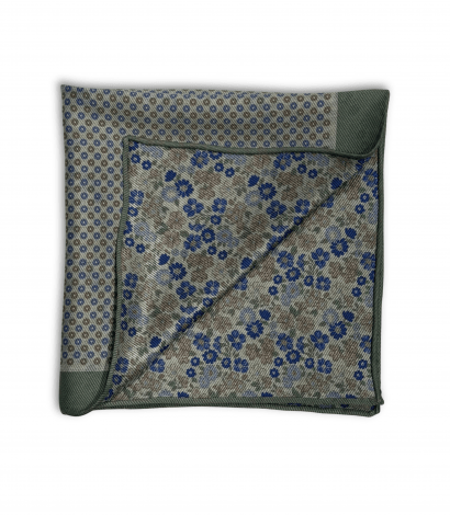 Green, Blue and Olive Floral and Dots Double Sided Pocket Square