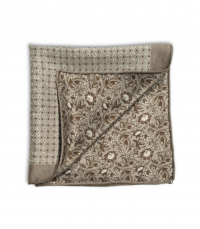 Grey, Brown and White Floral and Dot Double Sided Pocket Square