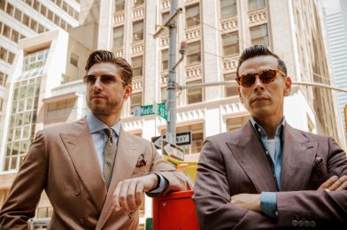 Steve Gonzalez and Julian Piket on Madison Avenue in New York wearing tailored suits for Michael Andrews Bespoke’s 20 for 20 lookbook.