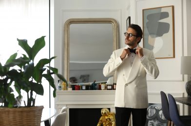 Fabio Attanasio wearing an ivory dinner jacket in Dormeuil Barathea for Look No. 9 of Michael Andrews Bespoke’s 20 for 20 anniversary lookbook.