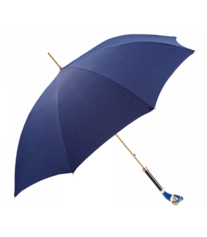 Navy umbrella with gold dots and a blue enameled Nemo fish design - custom suits nyc bespoke tailor midtown, noho