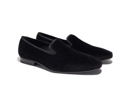 (product) Black Velvet Slip-On Tuxedo Shoe, angled pair view - custom suits nyc bespoke tailor midtown, noho