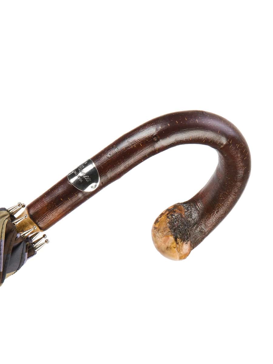 (product) Solid Chestnut Striped Umbrella with Knob End, Handle detail - custom suits nyc bespoke tailor midtown, noho