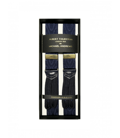 (product) Navy 32mm Moire Suspenders w Gold Hardware - custom suits nyc bespoke tailor midtown, noho