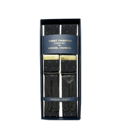 Albert Thurston Black Mono Dot Suspenders w Gold Hardware - custom suits nyc bespoke tailor midtown, noho