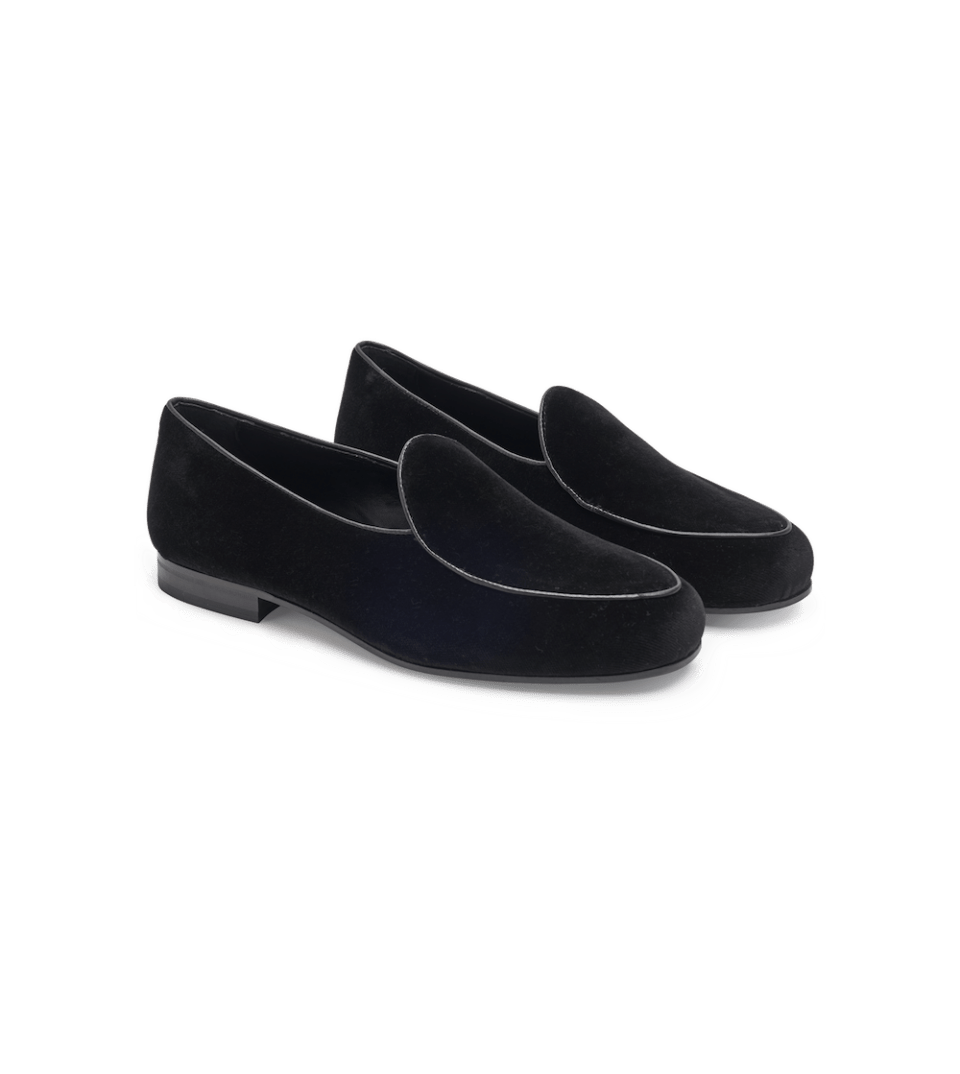 (product) Black Velvet Belgian Slipper, Side view of the pair - custom suits nyc bespoke tailor midtown, noho