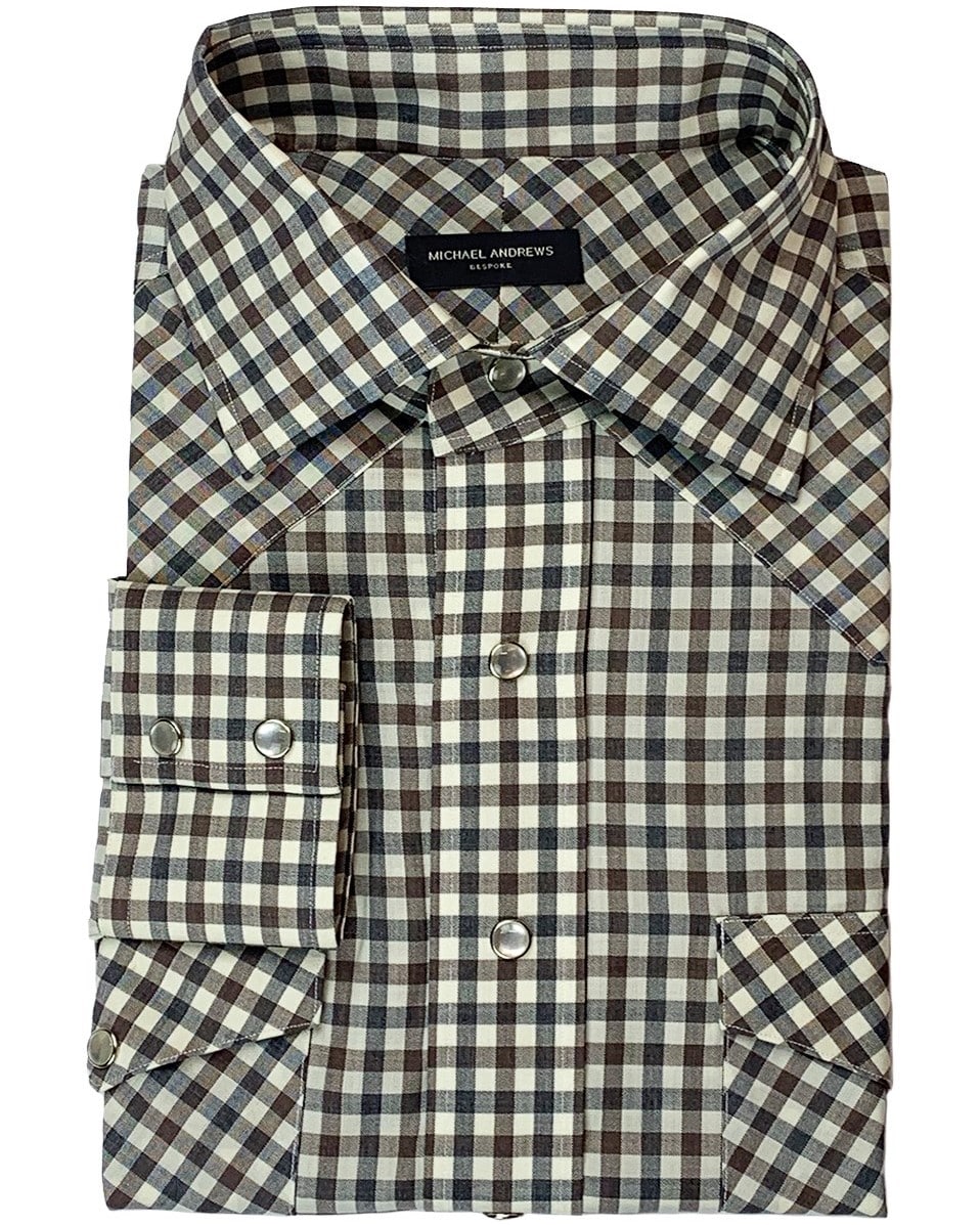 (product) Grey/Brown Gingham Merino Wool Western Shirt - custom suits nyc bespoke tailor midtown, noho