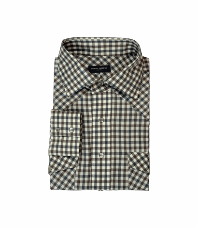 Custom Grey and Brown Gingham Merino Wool Western Shirt - custom suits nyc bespoke tailor midtown, noho