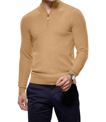 (product) Camel Cashmere 1/4 Zip Mock Sweater - custom suits nyc bespoke tailor midtown, noho