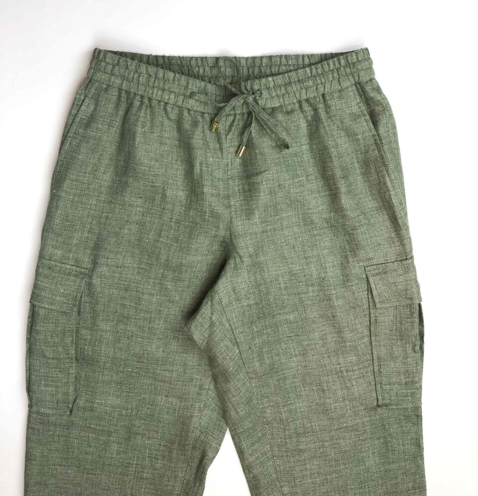 (product) Green Linen Elastic Waist Cargo Pants, displayed flat for detail - custom suits nyc bespoke tailor midtown, noho