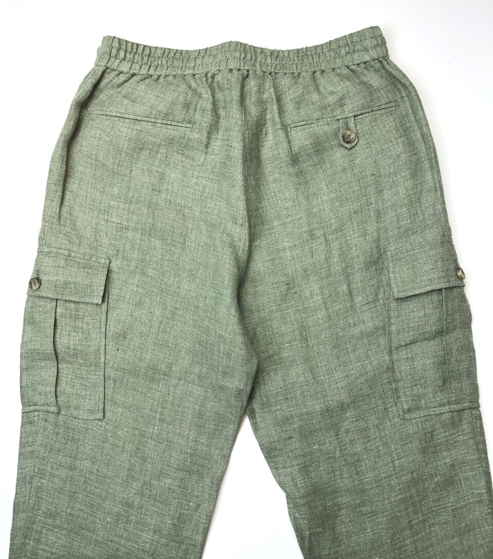 (product) Green Linen Elastic Waist Cargo Pants, displayed flat for detail - custom suits nyc bespoke tailor midtown, noho