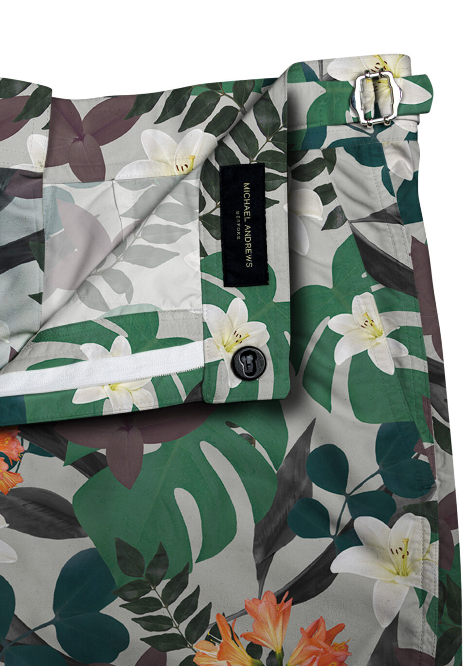 (product) Jungle Print Swim Shorts, close-up view - custom suits nyc bespoke tailor midtown, noho