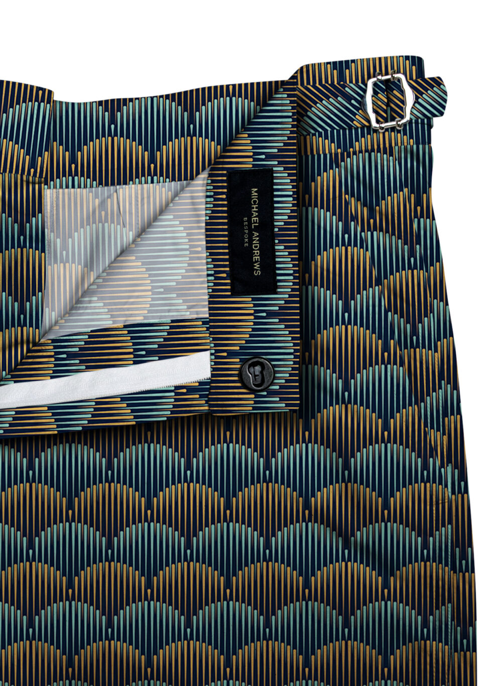 (product) Art Deco Arches Swim Shorts, close-up view - custom suits nyc bespoke tailor midtown, noho