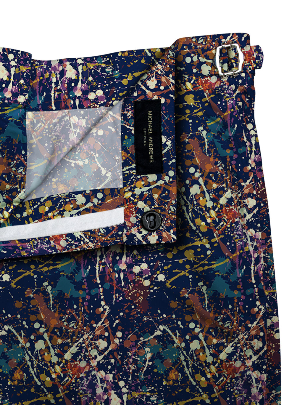 (product) Navy Paint Splatters Swim Shorts, close-up view - custom suits nyc bespoke tailor midtown, noho