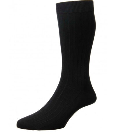 (product) Pantherella Pembrey Sea Island Cotton Mid-Calf Socks - Black - custom suits nyc bespoke tailor midtown, noho