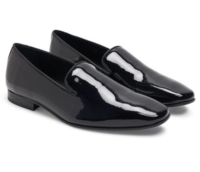 (product) Black Patent Slip-On Tuxedo Shoe, Front view of the pair - custom suits nyc bespoke tailor midtown, noho