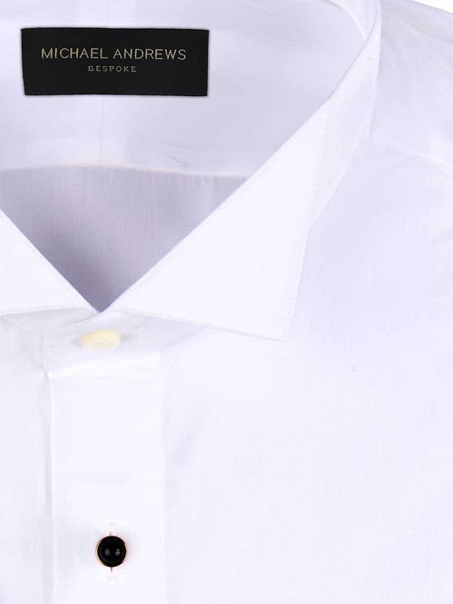(product) White Poplin Stud Front Tuxedo Collar Formal Shirt, close-up view - custom suits nyc bespoke tailor midtown, noho