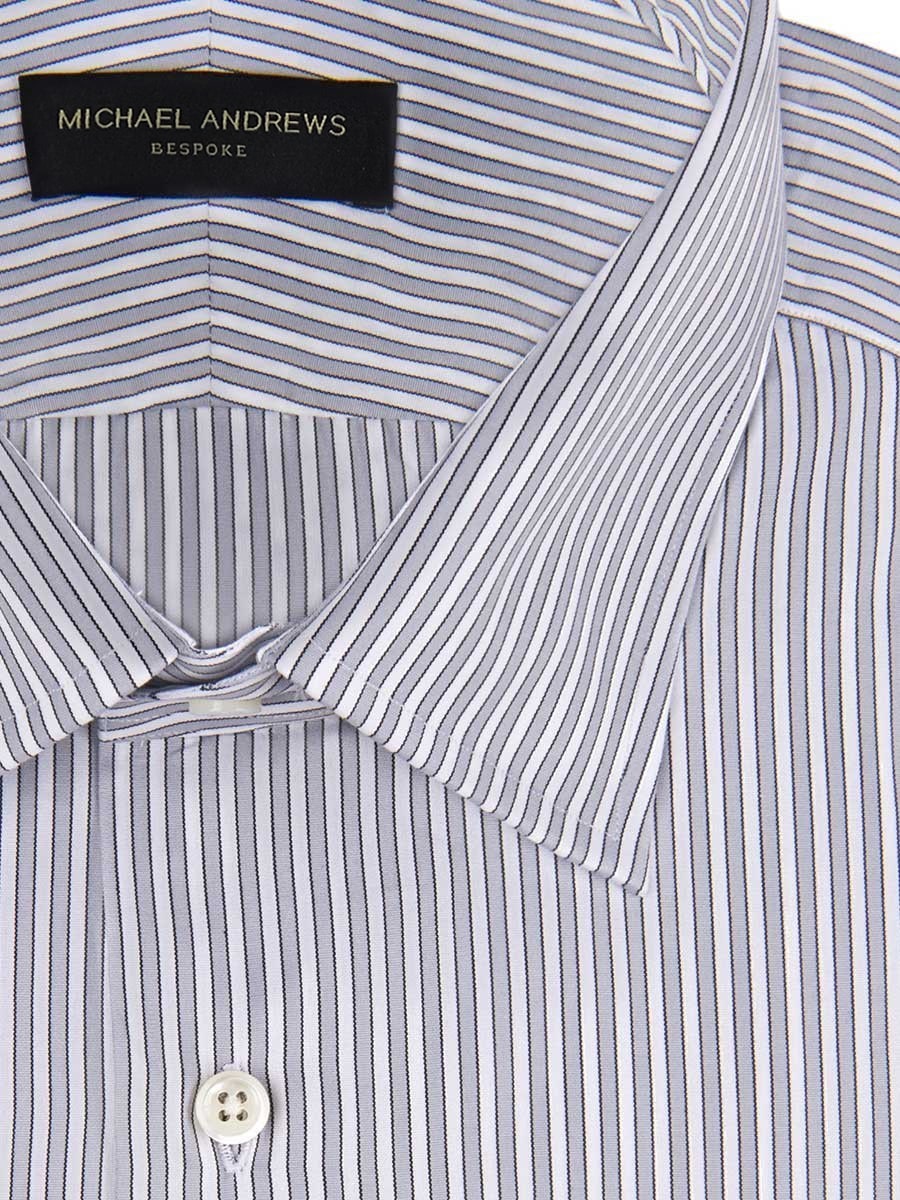 (product) Ice Grey Twill Complex Stripe Classic Collar Shirt, close-up view of the collar - custom suits nyc bespoke tailor midtown, noho