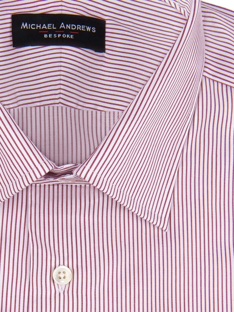 (product) Burgundy Thin Stripe Classic Collar Shirt, close-up view - custom suits nyc bespoke tailor midtown, noho