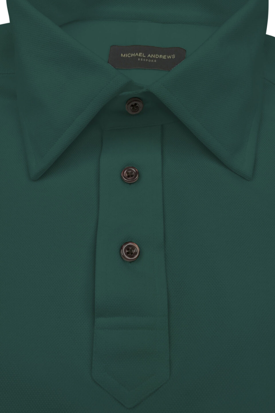 (product) Dark Forest Green Pique Polo Shirt, close-up of collar and buttons - custom suits nyc bespoke tailor midtown, noho