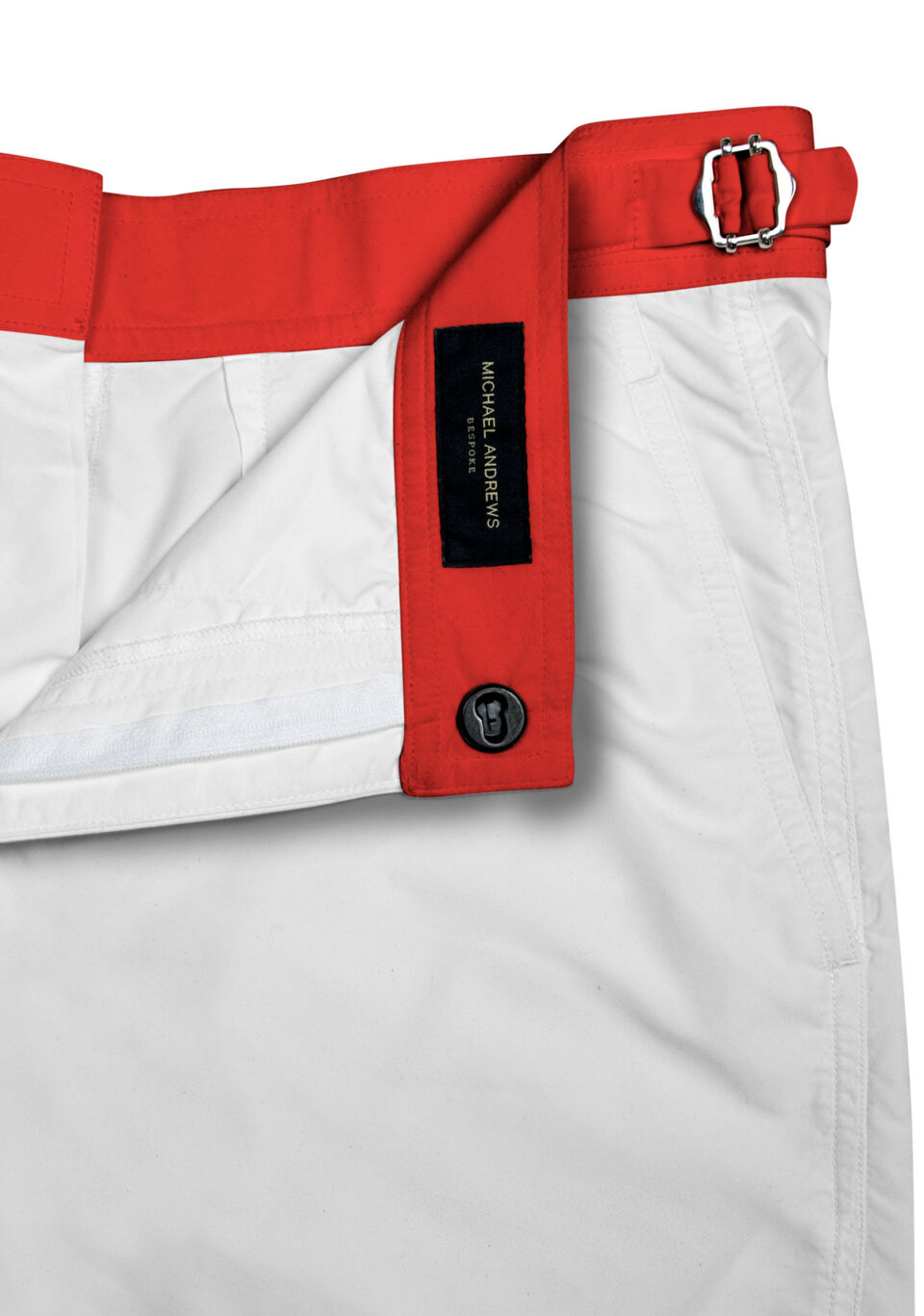 (product) White Swim Shorts with Red Waistband, detailed view - custom suits nyc bespoke tailor midtown, noho