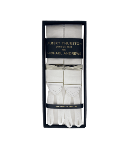 (product) White Solid Suspenders w Gold Hardware - custom suits nyc bespoke tailor midtown, noho