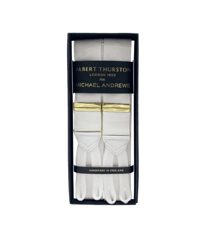 (product) White Solid Suspenders w Gold Hardware - custom suits nyc bespoke tailor midtown, noho