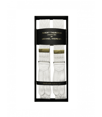 Albert Thurston 32mm White Moire Suspenders with Gold Hardware - custom suits nyc bespoke tailor midtown, noho