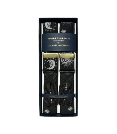 Albert Thurston Black Moon and stars Suspenders with Gold Hardware - custom suits nyc bespoke tailor midtown, noho