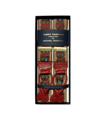 Albert Thurston Salmon and Red Jacquard Peacock Motif Suspenders with Gold Hardware - custom suits nyc bespoke tailor midtown, noho