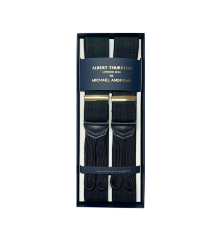 Albert Thurston Navy, Green and Red Plaid Suspenders with Gold Hardware - custom suits nyc bespoke tailor midtown, noho