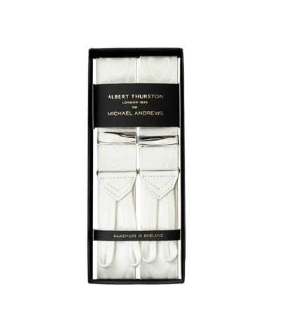(product) White Moire Suspenders w Silver Hardware - custom suits nyc bespoke tailor midtown, noho